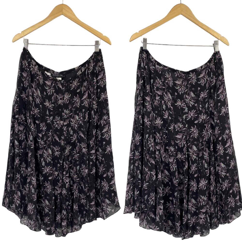Vintage Silk Floral Print Skirt Pleated Purple Black Midi Prairie Womens 16 P